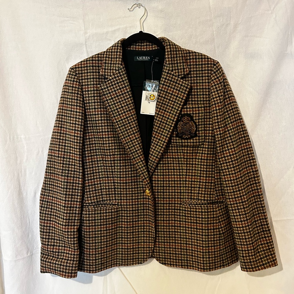 $325 Ralph Lauren Sz 16 Houndstooth Blazer Jacket Tweed Equestrian Preppy NWT